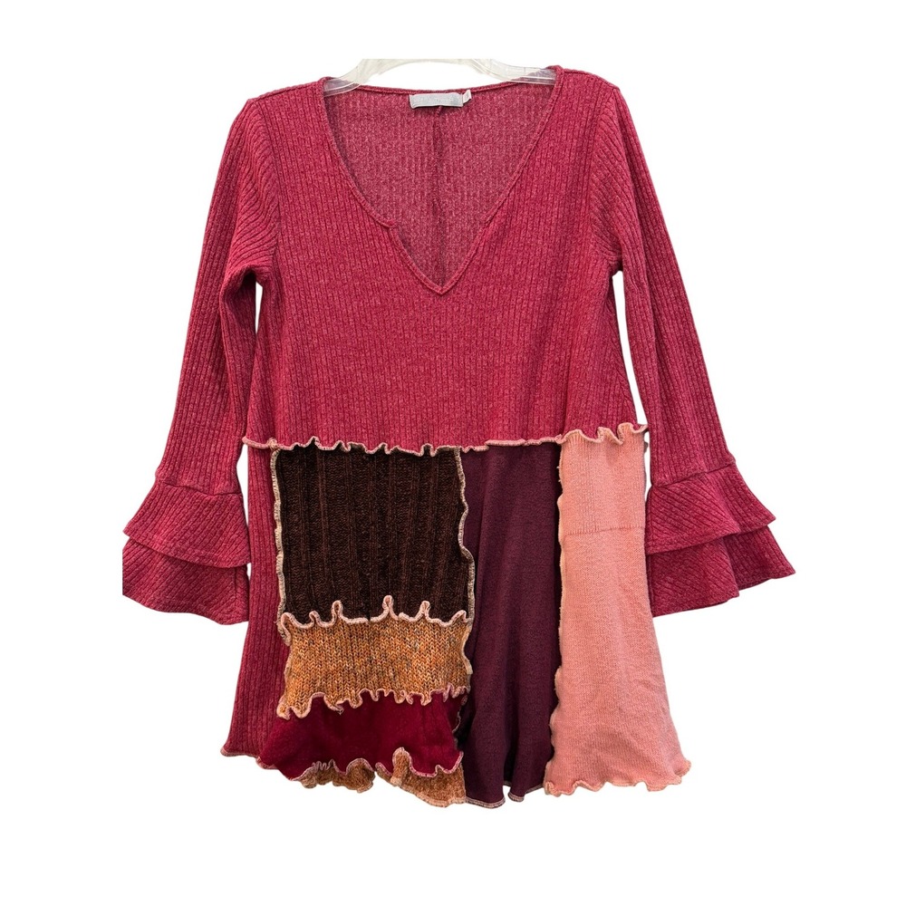 S Threads Upcycled Pink Ribbed Patchwork Tunic V-Neck Ruffle Bell Sleeve Medium